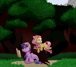Size: 3000x2648 | Tagged: safe, artist:strmelon, derpibooru import, fluttershy, twilight sparkle, twilight sparkle (alicorn), alicorn, pegasus, pony, duo, female, forest, hat, high res, image, map, mare, pith helmet, png, tree