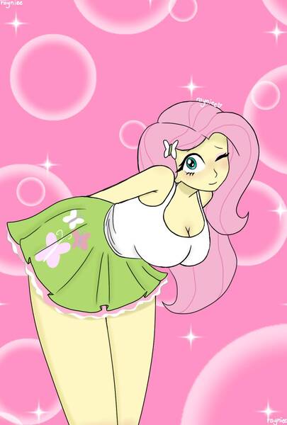 Size: 1181x1748 | Tagged: suggestive, artist:raynieepies, derpibooru import, fluttershy, human, equestria girls, arm behind back, bent over, big breasts, blushing, breasts, busty fluttershy, cleavage, clothes, female, image, jpeg, looking at you, one eye closed, pink background, simple background, skirt, smiling, smiling at you, solo, solo female, sparkles, tanktop, wink, winking at you