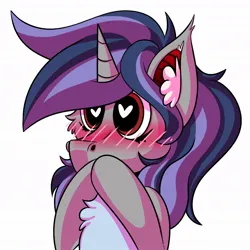 Size: 1024x1024 | Tagged: safe, artist:draconightmarenight, derpibooru import, oc, oc:dreaming star, unofficial characters only, bat pony, pony, unicorn, bat pony oc, bat wings, blushing, cel shading, ear fluff, flushed face, gasping, heart, heart eyes, horn, image, jpeg, monthly reward, shading, simple background, sticker, unicorn oc, white background, wingding eyes, wings