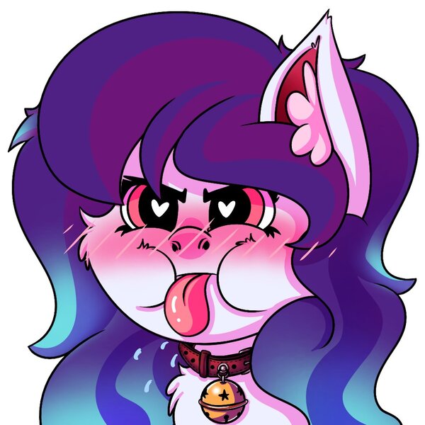 Size: 1024x1024 | Tagged: safe, artist:draconightmarenight, derpibooru import, oc, oc:anykoe, unofficial characters only, earth pony, pony, :p, bell, bell collar, blushing, cel shading, collar, ear fluff, earth pony oc, flushed face, heart, heart eyes, image, jpeg, monthly reward, shading, simple background, solo, sticker, tongue out, white background, wingding eyes