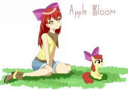 Size: 2155x1522 | Tagged: safe, artist:fedor kostylev, derpibooru import, apple bloom, earth pony, human, pony, apple bloom's bow, boots, bow, clothes, denim, denim shorts, hair bow, high heel boots, humanized, image, jpeg, neckerchief, self paradox, self ponidox, shirt, shoes, shorts, smiling, t-shirt, text