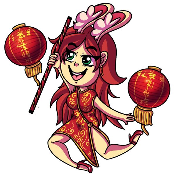 Size: 1024x1024 | Tagged: safe, artist:draconightmarenight, derpibooru import, oc, oc:katilie, unofficial characters only, equestria girls, bunny ears, cel shading, chibi, chinese dress, chinese new year, clothes, dress, ear fluff, image, jpeg, lantern, monthly reward, paper lantern, shading, solo, sticker, year of the rabbit