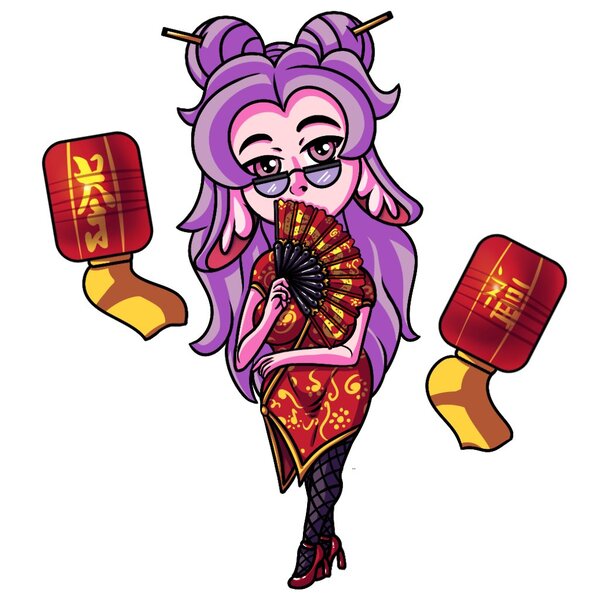 Size: 1024x1024 | Tagged: safe, artist:draconightmarenight, derpibooru import, oc, oc:lilliana, unofficial characters only, equestria girls, bunny ears, cel shading, chibi, chinese dress, chinese new year, clothes, dress, ear fluff, fan, hand fan, image, jpeg, lantern, monthly reward, paper lantern, shading, solo, sticker, year of the rabbit