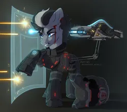 Size: 1280x1130 | Tagged: safe, artist:avroras_world, derpibooru import, oc, unofficial characters only, earth pony, pony, armor, armored pony, blood, firing, force field, futuristic, gun, helmet, image, jpeg, male, shield, solo, stallion, weapon