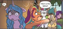 Size: 912x418 | Tagged: safe, derpibooru import, edit, idw, hitch trailblazer, izzy moonbow, pipp petals, sunny starscout, zipp storm, earth pony, pegasus, pony, unicorn, spoiler:comic, spoiler:g5, spoiler:g5comic, spoiler:g5comic09, couch, double facehoof, facehoof, female, floppy ears, frown, g5, image, implied pregnancy, male, mare, png, scared, sitting, stallion, sweat, sweatdrop, worried
