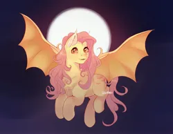 Size: 4096x3176 | Tagged: safe, artist:mauffiie, derpibooru import, fluttershy, bat pony, pony, bat ponified, cute, female, flutterbat, full moon, high res, image, jpeg, looking at you, mare, moon, race swap, shyabetes, signature, smiling, smiling at you, solo, spread wings, wings