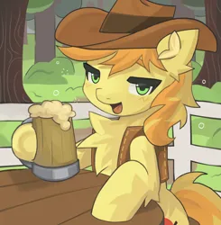 Size: 3000x3055 | Tagged: safe, artist:arasanka, derpibooru import, braeburn, earth pony, pony, cider, cider mug, commission, cowboy hat, drinking, drunk, hat, image, looking at you, mug, outdoors, png, simple background, sitting, solo, two toned mane, ych result