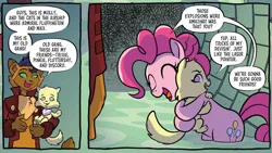 Size: 1334x750 | Tagged: safe, artist:tonyfleecs, derpibooru import, idw, capper dapperpaws, pinkie pie, abyssinian, anthro, cat, earth pony, pony, my little pony: the movie, spoiler:comic, spoiler:comic96, cute, dialogue, diapinkes, duo focus, female, g4, hug, image, jpeg, male, mare, molly (cat), season 10, sewer, speech bubble