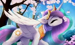Size: 2822x1706 | Tagged: safe, artist:empress-twilight, derpibooru import, princess celestia, alicorn, pony, cherry blossoms, chest fluff, concave belly, crown, cute, cutelestia, eyes closed, feathered wings, floppy ears, flower, flower blossom, flower in hair, flowing mane, image, jewelry, partially open wings, peytral, png, regalia, slim, smiling, sniffing, thin, transparent mane, walking, wings