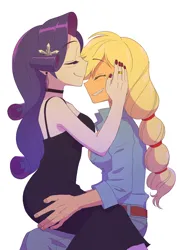 Size: 2894x4093 | Tagged: safe, artist:haibaratomoe, derpibooru import, rarity, equestria girls, alternate hairstyle, belt, blushing, breasts, busty rarity, choker, clothes, cute, denim, dress, duo, ear piercing, earring, eyes closed, grin, hug, image, jeans, jewelry, nail polish, pants, piercing, png, raribetes, shirt, simple background, smiling, white background