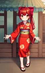 Size: 1536x2457 | Tagged: safe, derpibooru import, machine learning generated, stable diffusion, apple bloom, human, adorabloom, alternate hairstyle, blushing, clothes, cute, humanized, image, kimono (clothing), looking at you, png, ponytail, sandals, smiling, solo