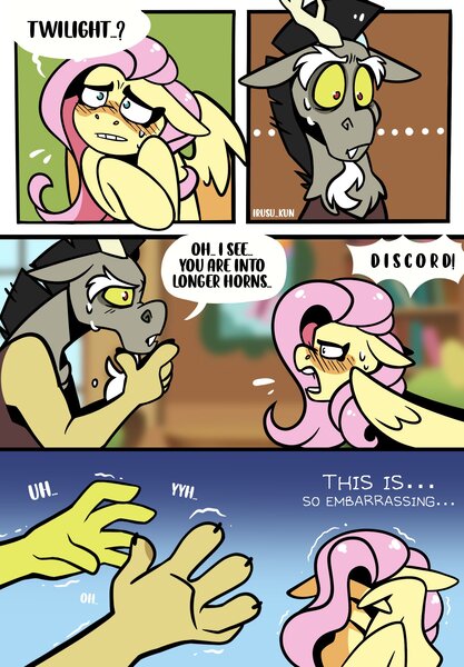 Size: 1640x2360 | Tagged: safe, artist:lrusu, derpibooru import, discord, fluttershy, draconequus, pegasus, pony, comic:fluttercord (irusu), blushing, comic, discoshy, embarrassed, female, floppy ears, hiding behind wing, image, jpeg, male, nervous, nervous sweat, shipping, shy, straight, trembling, wings