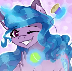 Size: 1024x1012 | Tagged: safe, artist:calaxsy, derpibooru import, izzy moonbow, pony, unicorn, abstract background, ball, blushing, chest fluff, cute, female, g5, glow, glowing horn, grin, horn, image, izzy's tennis ball, izzybetes, jpeg, looking at you, magic, mare, one eye closed, signature, smiling, solo, telekinesis, tennis ball, thread, wink