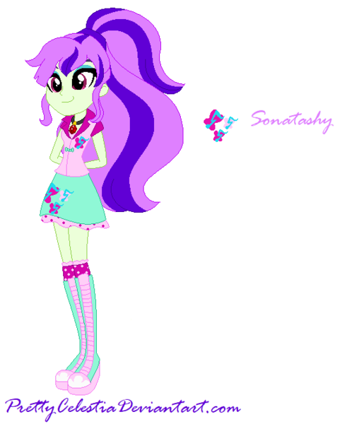 Size: 545x666 | Tagged: safe, artist:prettycelestia, artist:sonatablaze, derpibooru import, fluttershy, sonata dusk, boots, clothes, eyeshadow, fusion, gem, high heel boots, image, jacket, makeup, png, ponytail, purple hair, red eyes, shoes, siren gem