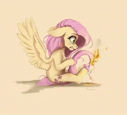 Size: 3344x3020 | Tagged: safe, artist:miokomata, derpibooru import, fluttershy, pegasus, pony, colored hooves, female, fire, floppy ears, freckles, freckleshy, gritted teeth, high res, image, jpeg, looking at something, mare, panic, simple background, sitting, smoke, solo, spread wings, sweat, tail, teeth, wings, yellow background
