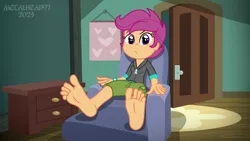 Size: 8000x4500 | Tagged: safe, alternate version, artist:metalhead97, derpibooru import, scootaloo, human, equestria girls, equestria girls series, barefoot, chair, clothes, commission, feet, female, fetish, foot fetish, foot focus, image, indoors, looking at you, png, reclining, scootaloo is not amused, shoes, short hair, sitting, unamused