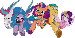 Size: 1312x661 | Tagged: safe, artist:pascalmulokozi2, derpibooru import, edit, edited screencap, screencap, hitch trailblazer, izzy moonbow, pipp petals, sunny starscout, zipp storm, earth pony, pegasus, pony, unicorn, my little pony: a new generation, my little pony: tell your tale, g5, image, jumping, looking at you, male, mane five (g5), not a vector, png, render, simple background, stallion, transparent, transparent background, youtube