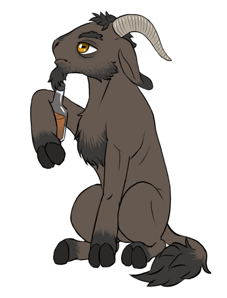 Size: 2048x2688 | Tagged: safe, artist:multiverseequine, derpibooru import, oc, oc:o'chunks, unofficial characters only, goat, pony, alcohol, beer, beer bottle, bottle, chest fluff, cloven hooves, daybreak island, derpibooru exclusive, facial hair, full body, goat oc, goatee, horizontal pupils, horns, image, leonine tail, male, png, rectangular pupil, short hair, sideburns, simple background, sitting, solo, tail, transparent background
