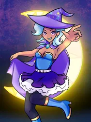 Size: 1536x2048 | Tagged: safe, artist:dumpsterdude, derpibooru import, trixie, human, boots, cape, clothes, crescent moon, dress, ear piercing, earring, female, hat, humanized, image, jewelry, moon, piercing, png, pose, shoes, sleeveless, sleeveless dress, smiling, solo, tan skin, trixie's cape, trixie's hat