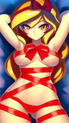 Size: 864x1536 | Tagged: suggestive, derpibooru import, editor:sammykun, machine learning generated, novelai, stable diffusion, sunset shimmer, human, arm behind head, bed, bondage, breasts, busty sunset shimmer, covered nipples, covering, covering breasts, female, female focus, humanized, image, looking at you, lying, midriff, nudity, on bed, png, ribbon, sexy, solo, solo female, solo focus, wrong eye color