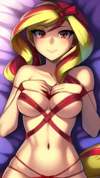 Size: 864x1536 | Tagged: suggestive, derpibooru import, editor:sammykun, machine learning generated, novelai, stable diffusion, sunset shimmer, human, arm behind head, bed, belly button, bondage, breasts, busty sunset shimmer, covered nipples, covering, covering breasts, female, female focus, humanized, image, looking at you, lying, midriff, nudity, on bed, png, ribbon, sexy, solo, solo female, solo focus, wrong eye color