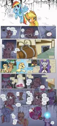 Size: 3000x6591 | Tagged: safe, artist:perfectblue97, derpibooru import, applejack, button mash, pinkie pie, rainbow dash, twilight sparkle, oc, earth pony, pony, unicorn, comic:shadows of the past, absurd resolution, applejack's hat, barrel, cider mug, comic, cowboy hat, dialogue, glow, glowing horn, hat, horn, image, mug, png, propeller hat, speech bubble, unicorn twilight, unshorn fetlocks