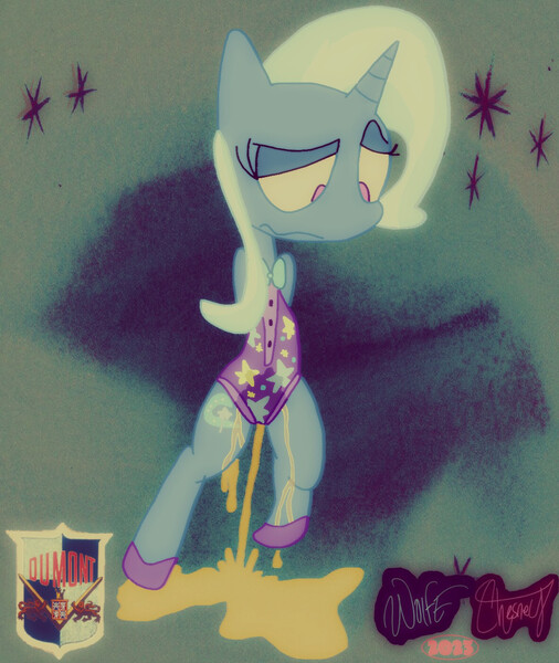 Size: 1184x1404 | Tagged: questionable, artist:dumont pictures, derpibooru import, trixie, pony, unicorn, accident, bowtie, clothes, desperation, female, fetish, image, jpeg, legs, leotard, need to pee, omorashi, pee puddle, peeing on the floor, pissing, pissing on self, potty emergency, potty failure, potty time, puddle, shoes, solo, tight clothing, tights, urine, watersports, wet, wetting