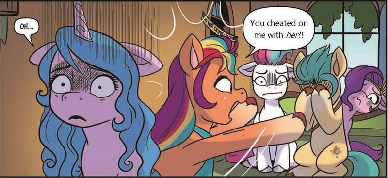 Size: 912x418 | Tagged: safe, derpibooru import, edit, idw, hitch trailblazer, izzy moonbow, pipp petals, sunny starscout, zipp storm, earth pony, pegasus, pony, unicorn, spoiler:comic, spoiler:g5, spoiler:g5comic, spoiler:g5comic09, couch, cropped, double facehoof, facehoof, female, floppy ears, frown, g5, image, implied infidelity, izzyhitch, male, mare, png, scared, shipping, sitting, stallion, straight, sunnyhitch, sweat, sweatdrop, worried