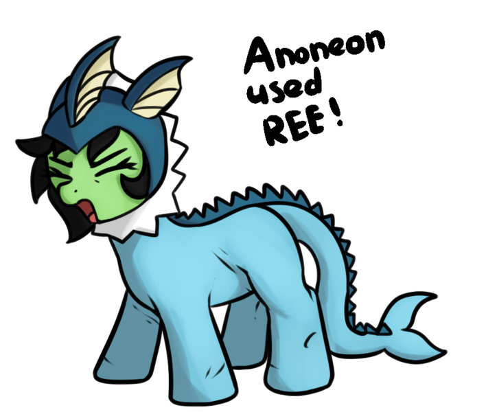 Size: 901x747 | Tagged: safe, artist:neuro, oc, oc:anonfilly, pony, vaporeon, /mlp/, clothes, costume, cute, eyes closed, female, filly, image, open mouth, png, pokémon, reeee, simple background, solo, transparent background