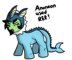 Size: 901x747 | Tagged: safe, artist:neuro, oc, oc:anonfilly, pony, vaporeon, /mlp/, clothes, costume, cute, eyes closed, female, filly, image, open mouth, png, pokémon, reeee, simple background, solo, transparent background