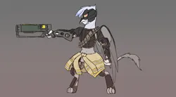 Size: 2929x1618 | Tagged: safe, artist:somber, derpibooru import, oc, gryphon, fallout equestria, armor, clothes, gun, image, jpeg, raider, weapon