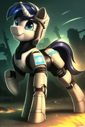 Size: 768x1152 | Tagged: safe, artist:flitter4935, derpibooru import, machine learning generated, novelai, stable diffusion, pony, unicorn, armor, armored pony, image, male, png, power armor, prompter:flitter4935, solo, solo male