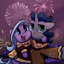 Size: 1000x1000 | Tagged: safe, artist:brella, derpibooru import, idw, king sombra, radiant hope, clothes, female, fireworks, hopebra, image, male, night, png, scarf, selfie, shipping, straight