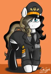 Size: 2400x3500 | Tagged: safe, artist:cdrspark, derpibooru import, oc, oc:chocolate fudge, unofficial characters only, earth pony, cap, clothes, hat, image, latex, latex boots, long mane, long tail, military pony, military uniform, necktie, overcoat, png, simple background, socks, tail, thigh highs, u.d.c.e., u.d.c.e.s.s., uniform