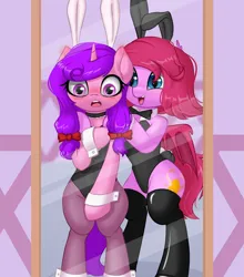 Size: 2000x2268 | Tagged: safe, artist:one4pony, derpibooru import, oc, oc:candlelight warmth, oc:cheery bell, unofficial characters only, bat pony, pony, semi-anthro, unicorn, bat pony oc, bat wings, blushing, bunny ears, bunny suit, bunny tail, clothes, female, horn, image, jpeg, leotard, mirror, not izzy moonbow, standing on two hooves, tail, unicorn oc, wings