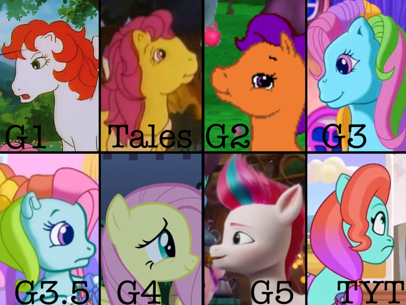 Size: 2400x1800 | Tagged: safe, derpibooru import, edit, edited screencap, screencap, fluttershy, paradise, rainbow dash (g3), zipp storm, earth pony, pegasus, pony, my little pony tales, my little pony: a new generation, my little pony: tell your tale, spoiler:g5, spoiler:my little pony: a new generation, spoiler:my little pony: tell your tale, spoiler:tyts01e32, baby critters, bag, comparison, female, frown, g1, g2, g3, g3.5, g4, g5, image, jazz hooves, looking at you, looking down, looking up, mare, my little pony friendship gardens, png, side view, smiling, text