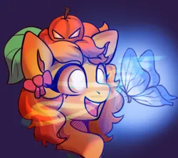 Size: 604x539 | Tagged: safe, artist:melonlicious, derpibooru import, oc, unofficial characters only, butterfly, insect, pony, bow, bust, commission, glow, hair bow, head, headshot commission, image, long hair, orange hair, orange mane, orange skin, png, portrait, pumpkin, simple background, teeth, white eyes