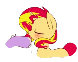 Size: 1000x800 | Tagged: suggestive, alternate version, artist:maren, derpibooru import, sunset shimmer, twilight sparkle, pony, unicorn, blushing, disembodied hoof, drool, eyes closed, female, hoof licking, image, lesbian, licking, mare, open mouth, png, shipping, shivering, simple background, sunsetsparkle, tongue out, transparent background