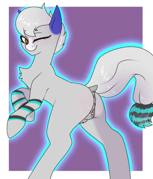 Size: 1000x1167 | Tagged: explicit, artist:rinikka, derpibooru import, oc, oc:bellies, ponified, unofficial characters only, pony, anus, border, brown eyes, butt, clitoris, crotchboobs, dock, female, females only, image, inviting, looking at you, nipples, nudity, one eye closed, plot, png, presenting, raised tail, short hair, simple background, smiling, smirk, solo, solo female, stripes, tail, vagina, vulva, vulvar winking, white hair, wink, winking at you