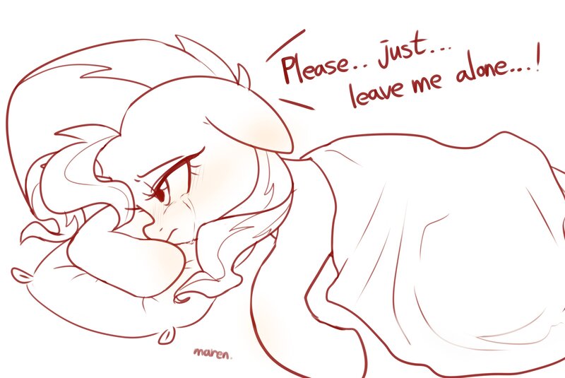 Size: 3891x2600 | Tagged: safe, artist:maren, derpibooru import, sunset shimmer, pony, unicorn, blanket, crying, depressed, dialogue, female, high res, image, jpeg, looking away, lying down, mare, monochrome, pillow, prone, sad, sketch, solo, sunsad shimmer