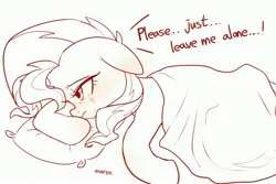 Size: 3891x2600 | Tagged: safe, artist:maren, derpibooru import, sunset shimmer, pony, unicorn, blanket, crying, depressed, dialogue, female, high res, image, jpeg, looking away, lying down, mare, monochrome, pillow, prone, sad, sketch, solo, sunsad shimmer