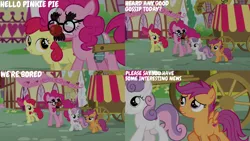 Size: 4400x2475 | Tagged: safe, derpibooru import, edit, edited screencap, editor:quoterific, screencap, apple bloom, pinkie pie, scootaloo, sweetie belle, the one where pinkie pie knows, cutie mark crusaders, groucho mask, image, png