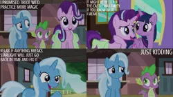 Size: 2000x1125 | Tagged: safe, derpibooru import, edit, edited screencap, editor:quoterific, screencap, spike, starlight glimmer, trixie, twilight sparkle, twilight sparkle (alicorn), alicorn, all bottled up, bag, image, png, saddle bag, train station