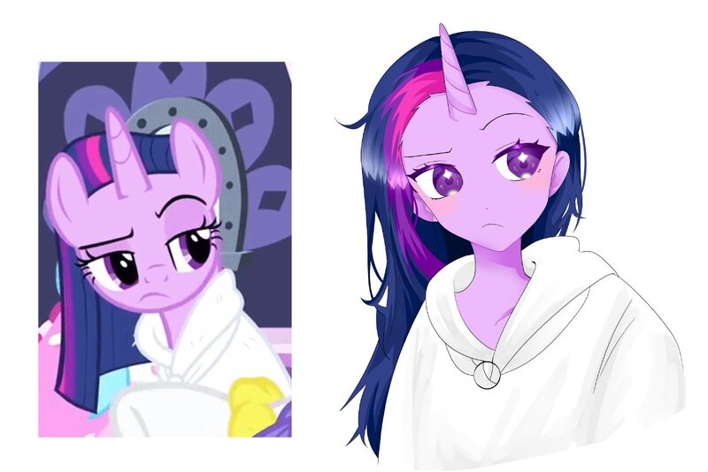 Size: 1246x832 | Tagged: safe, artist:rainbom__1122, derpibooru import, screencap, twilight sparkle, twilight sparkle (alicorn), alicorn, human, pony, equestria girls, rarity's biggest fan, spoiler:interseason shorts, clothes, equestria girls interpretation, horn, horned humanization, humanized, image, jpeg, loose hair, robe, scene interpretation, screencap reference, simple background, spa, wet hair, white background