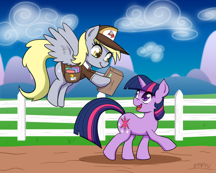 Size: 1200x960 | Tagged: safe, artist:empyu, edit, derpy hooves, twilight sparkle, pegasus, pony, unicorn, bag, cloud, delivery, delivery pony, fence, hat, image, looking at each other, looking at someone, looking back, mailbag, mailmare, open mouth, png, unicorn twilight, wingless, wingless edit