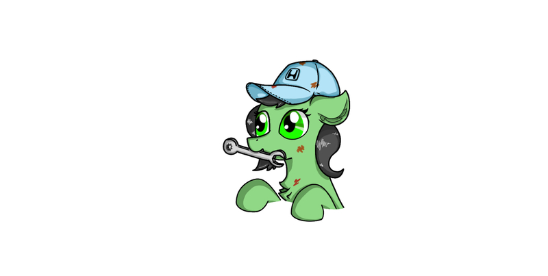 Size: 1643x828 | Tagged: safe, artist:nismorose, derpibooru import, oc, oc:anon, oc:anonfilly, pony, cap, chest fluff, dirty, ear fluff, female, filly, floppy ears, foal, half body, happy, hat, honda, image, jpeg, messy, mouth hold, simple background, white background, wrench
