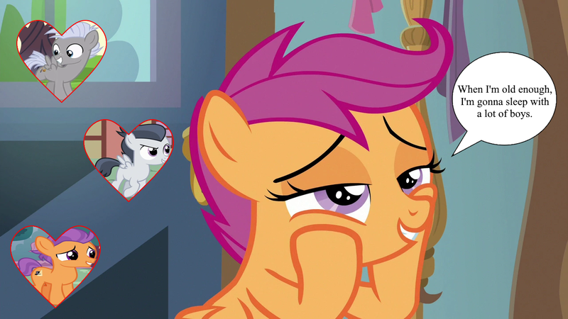 Size: 1280x720 | Tagged: safe, derpibooru import, edit, edited screencap, screencap, chipcutter, rumble, scootaloo, tender taps, earth pony, pegasus, pony, forever filly, marks and recreation, on your marks, the last crusade, bedroom eyes, dialogue, female, heart, hormones, image, implied sex, male, png, rumbloo, scootachip, shipping, speech bubble, straight, tenderloo