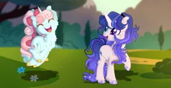 Size: 1242x643 | Tagged: safe, artist:selenavivacity, artist:xxcheerupxxx, derpibooru import, oc, oc:dimensional aura, oc:pop rocks, unofficial characters only, unicorn, base used, bow, chest fluff, colored hooves, colored horn, colored pupils, duo, duo female, ear fluff, eyes closed, female, flower, fluffy, grass, hair bow, heterochromia, horn, image, jpeg, jumping, mountain, offspring, outdoors, parent:flash sentry, parent:party favor, parent:pinkie pie, parent:twilight sparkle, parents:flashlight, parents:partypie, ponytail, shadow, sparkly mane, tree, unicorn oc, unshorn fetlocks