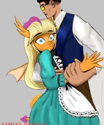 Size: 833x1000 | Tagged: safe, artist:samueldavillo, derpibooru import, smolder, dragon, human, clothes, female, glasses, image, maid, male, png, shocked, straight, tail, wig, wings