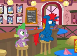 Size: 1683x1227 | Tagged: safe, artist:pixelkitties, artist:ry-bluepony1, artist:scarletwitchinfire, derpibooru import, spike, oc, oc:train track, unicorn, background, bar, base used, hair, image, jpeg, mane, restaurant, show accurate, stool, tail, wings